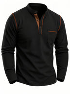 1pc Men'S Long Sleeve Henley Shirt, Stand Collar Slim Fit Casual Top, Solid Color Micro-Elastic Machine Washable Fabric, Contrast Stitching, Pocket Design Suitable for Early Autumn, for Daily, Travel, Dates - Black