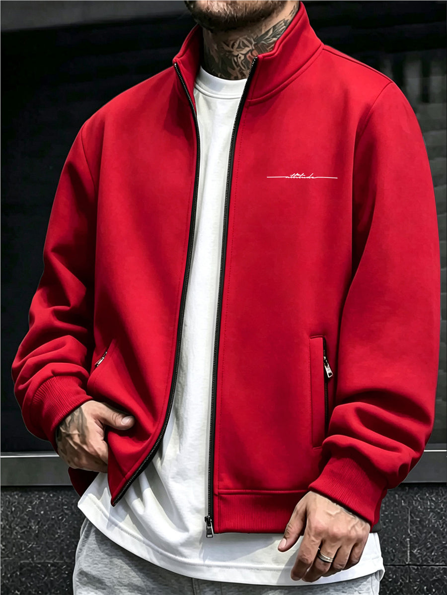 Jacket Men'S Stand Collar Multi-Scene Wear Western Easy Long Sleeve Spring Autumn Anti-Wrinkle Pure Ribbed Zipper Pocket Full Zipper Closure Sports Casual Cardigan Coat - Red