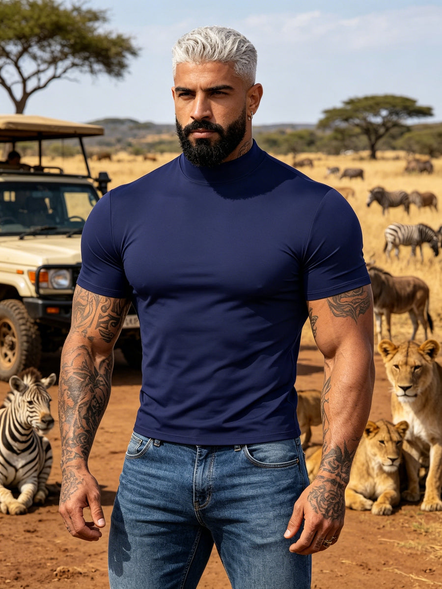 Summer Breathable Solid Color Half-Neck Short Sleeve 2pcs Set Men'S Shaping Slimming High-Elastic Fabric Light Luxury Fashion Fitness Sports Daily Wear Easy Premium Feel Versatile Base Top - Navy Color