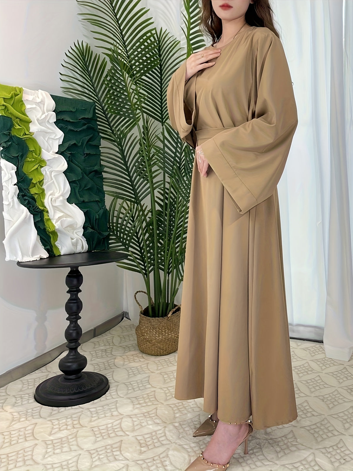 Women's Elegant Green Flared Sleeve Long Dress, Loose Fit, Versatile for All Seasons, Suitable for Home, Festive, and Traditional Attire - Khaki