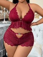 Plus Size Front-Button Lace Patchwork Backless 3-Ring Buckle Sexy Lingerie Heart-Shaped Hollow-Out Pants Set - Burgundy