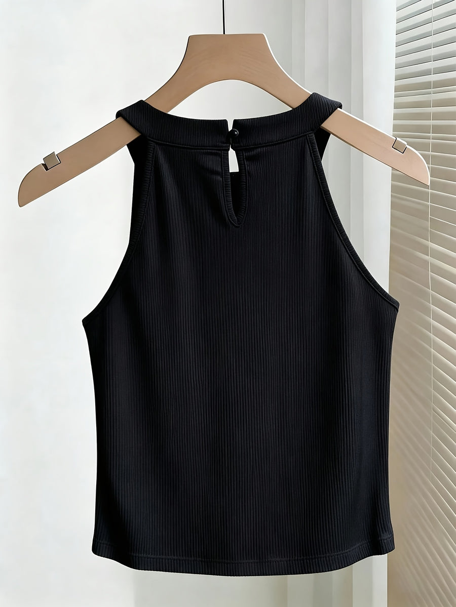 Women'S Tank Top And Camisole, French Summer Sexy Fitted Round Neck with Beading - Black