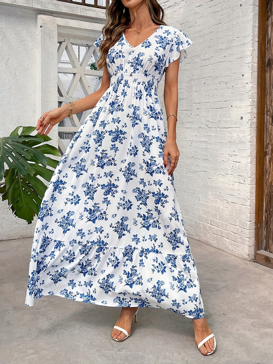Women'S Fashionable Elegant Casual V-Neck Printed Dress - Multicolor