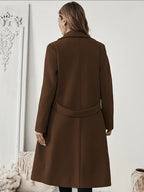 New Autumn/Winter Classic Notched Lapel Long Coat for Women, Waist-Cinching with Tie Belt and Two-Button Design, Over-the-Knee Outerwear, Elegant Commuter Style, Draped and Structured Long-Sleeve Coat with Side Pockets, Simple and Versatile, Slim Fit - Coffee Color