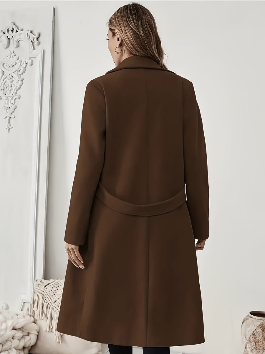 New Autumn/Winter Classic Notched Lapel Long Coat for Women, Waist-Cinching with Tie Belt and Two-Button Design, Over-the-Knee Outerwear, Elegant Commuter Style, Draped and Structured Long-Sleeve Coat with Side Pockets, Simple and Versatile, Slim Fit - Coffee Color