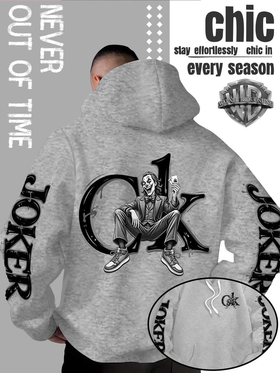 Men'S Hooded Sweatshirt, Western Trendy Cool Black And White Sketch Joker Theme Print, Sleeves with Same Series Splatter Art Lettering, Breathable And Skin-Friendly Fabric, Showcasing ' Fashion Sense, Ideal Gift for Holidays And Birthdays - Light Grey