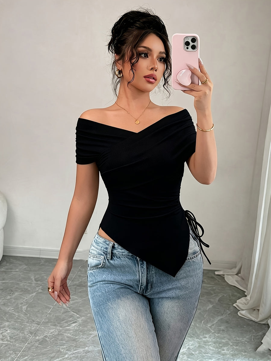 Women'S One-Shoulder Cross Strap Off-The-Shoulder Top, Asymmetrical Hem with Side Drawstring, Slim Fit, Suitable for Commuting, Casual And Versatile - Black