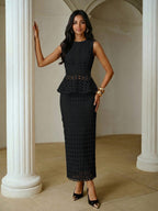 French Hollow-Out Lace Spliced Camisole Top And Straight Midi Skirt 2pcs Set, Elegant Women'S Wear for Daily Commute And Dating - Black