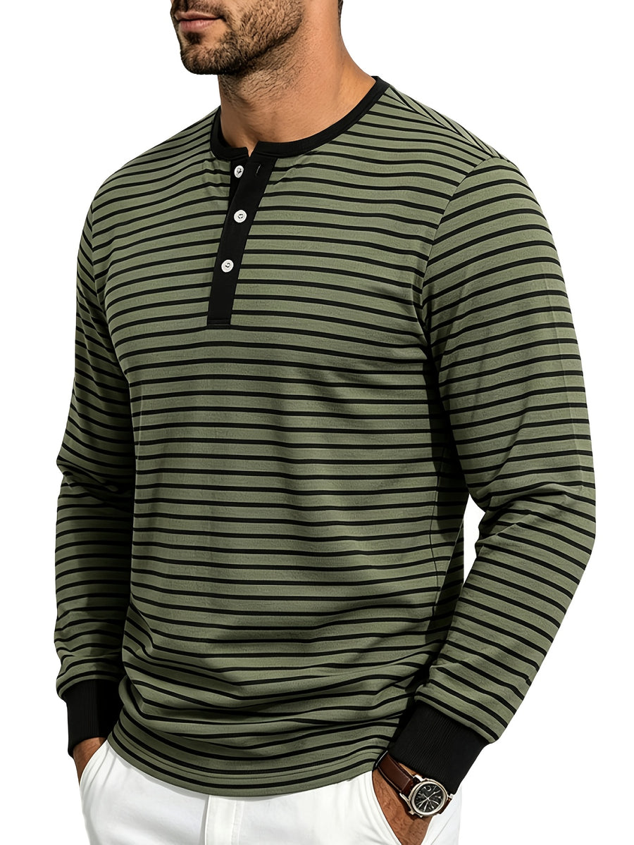 Men'S Spring Autumn Casual Loose Easy Striped Outdoor Commuter Long Sleeve Henley Shirt - Military Green