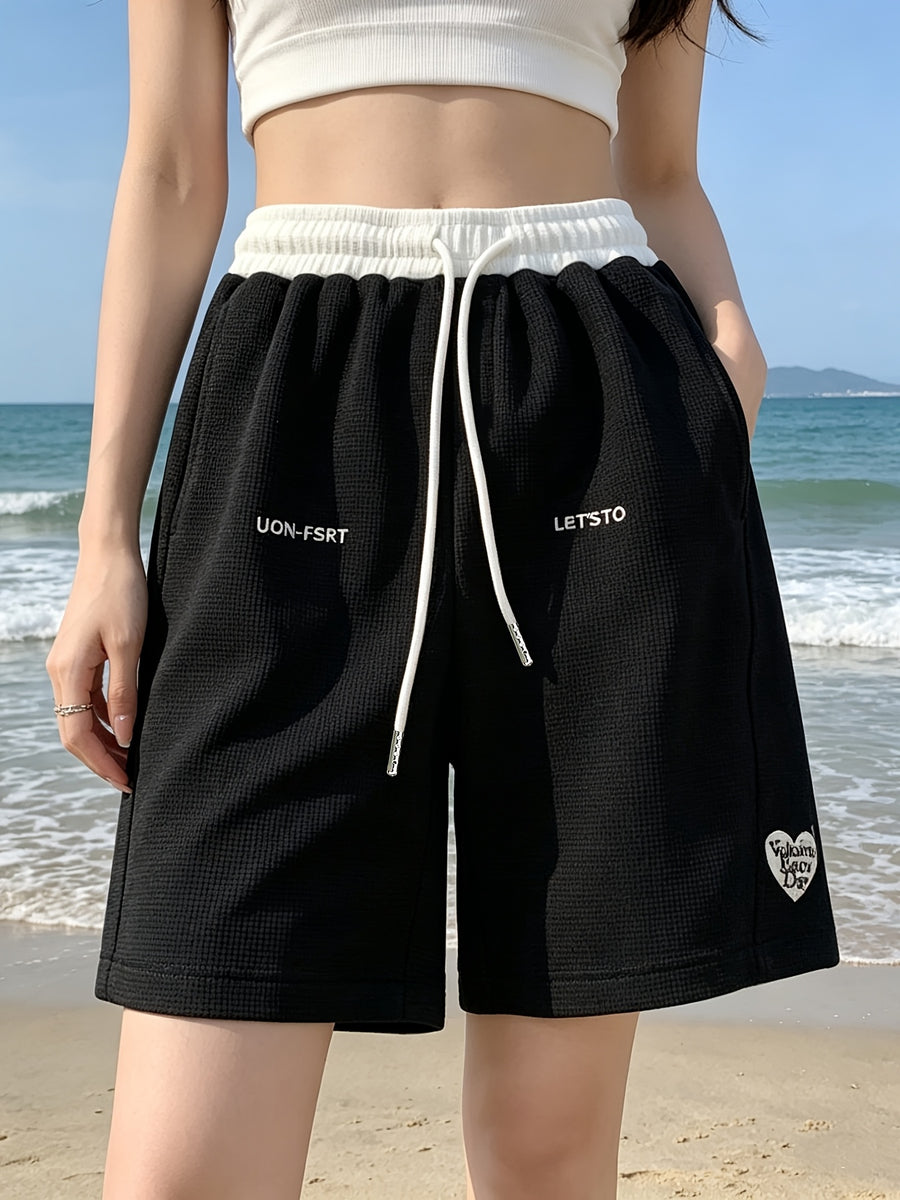 Women's Quick-Dry Summer Shorts Suitable for S & Beach - Wide-Leg Swim Shorts with Height, Straight-Leg & Embroidery, Machine Washable Casual Shorts for, Clothing, American High Street Style - Cool Black