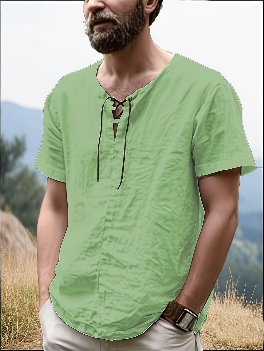 Men's Casual T-Shirt, Versatile Summer Short-Sleeve Top, Fashionable Solid Color Sweatshirt, Crew Neck with Drawstring Design - Lightweight and Breathable, Machine Washable, Suitable for Daily Wear and Outdoor Leisure - Light Green