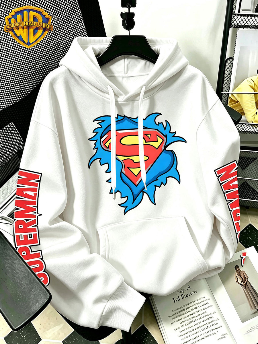 [Warner Bros] Licensed Men'S New Trendy Hoodie DC Superman Ripped Logo Print Casual Hooded Sweatshirt Everyday Drawstring Loose Pullover Machine Washable All-Match Sports Casual Men'S Top - White