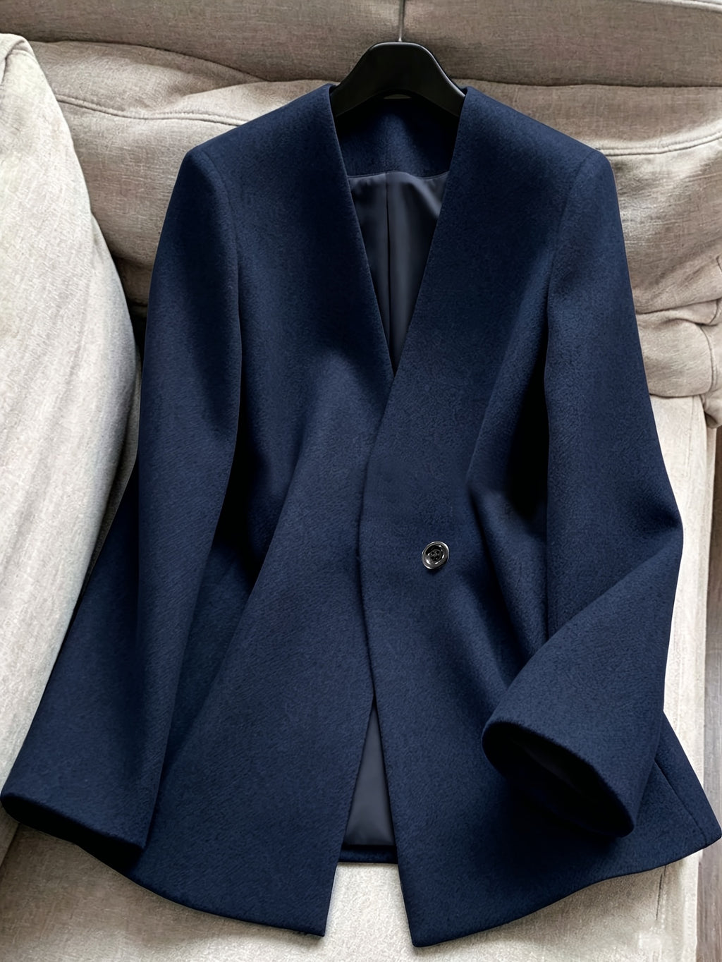 Women's Stand Collar Cinched Waist Midi-Length Coat with Lining, Spring - Blue