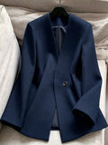 Women's Stand Collar Cinched Waist Midi-Length Coat with Lining, Spring - Blue
