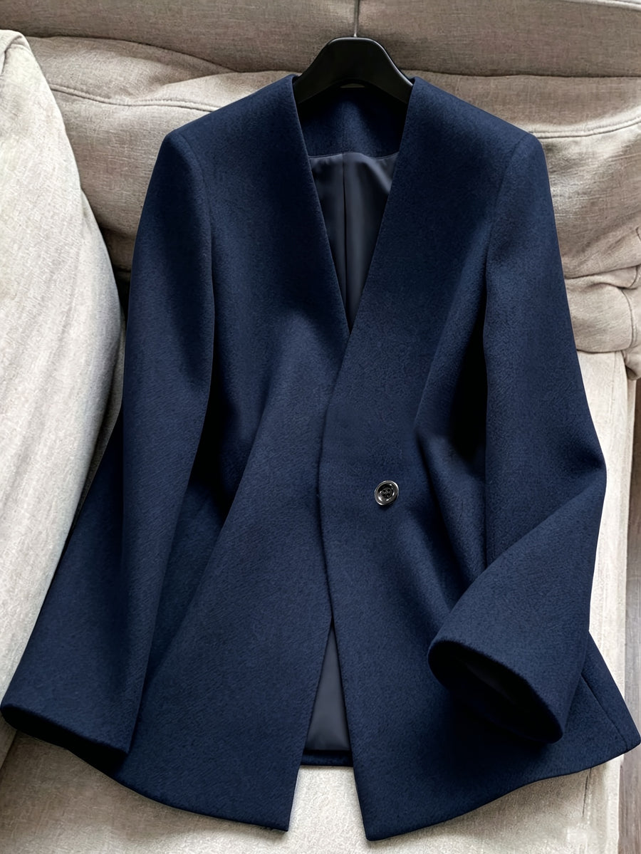 Women's Stand Collar Cinched Waist Midi-Length Coat with Lining, Spring - Blue