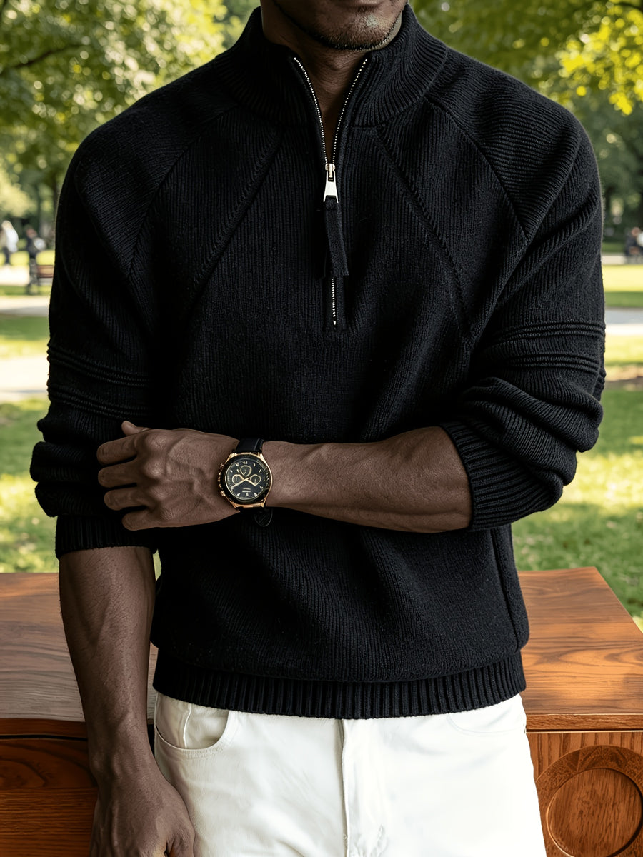 Men's Business Casual Quarter Zip Knit Pullover, Raglan Sleeve Textured Ribbed Trim Slim Fit Sweater for Fall Winter Daily Office & Weekend Outings - Black