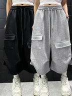 2pcs Solid Color Loose Fit Casual Capri Pants Set, 2pcs Casual Sweatpants Set - Black+gray