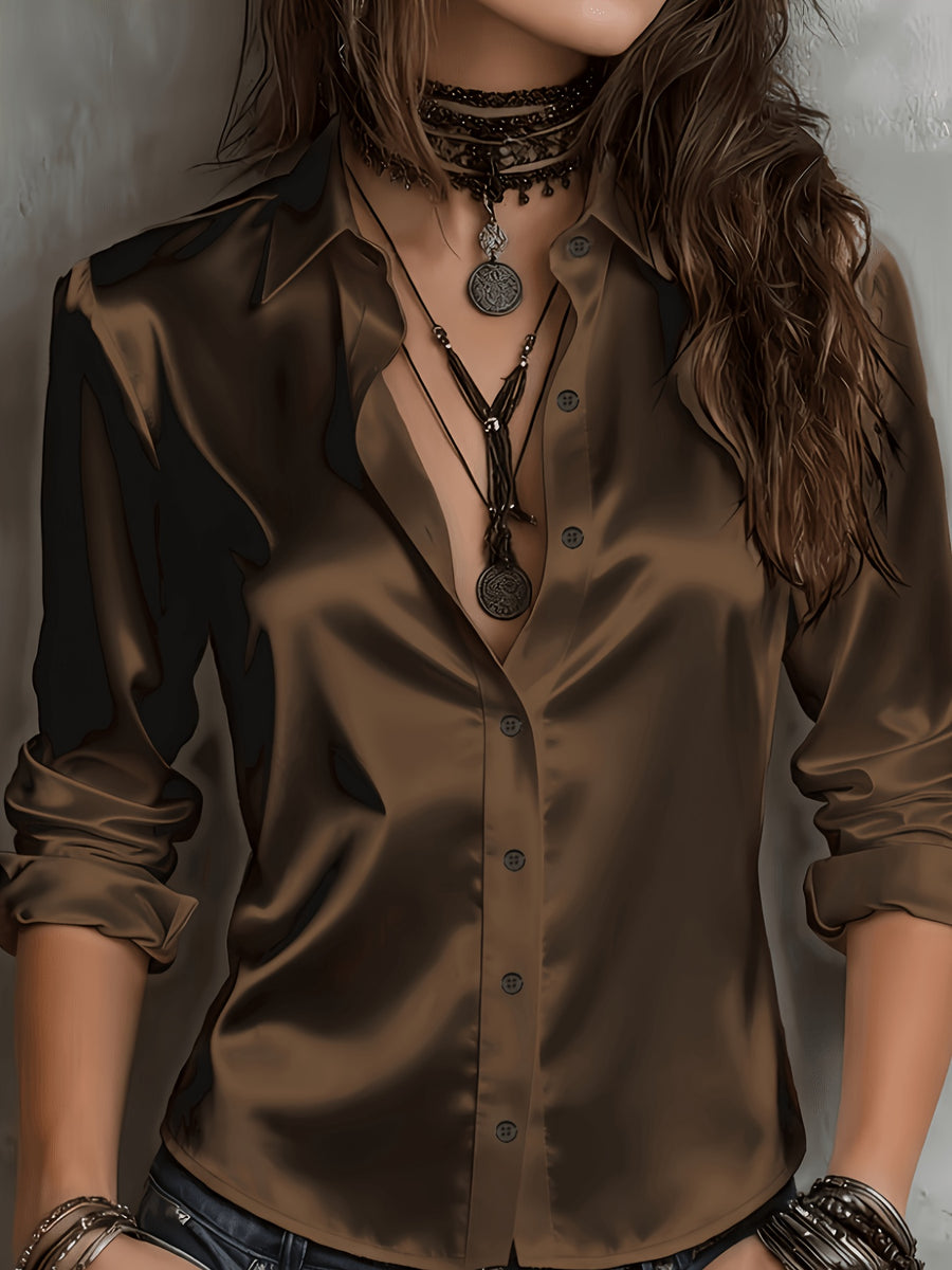 Women'S All-Season Temperament Commuter Satin Shirt - Coffee Brown