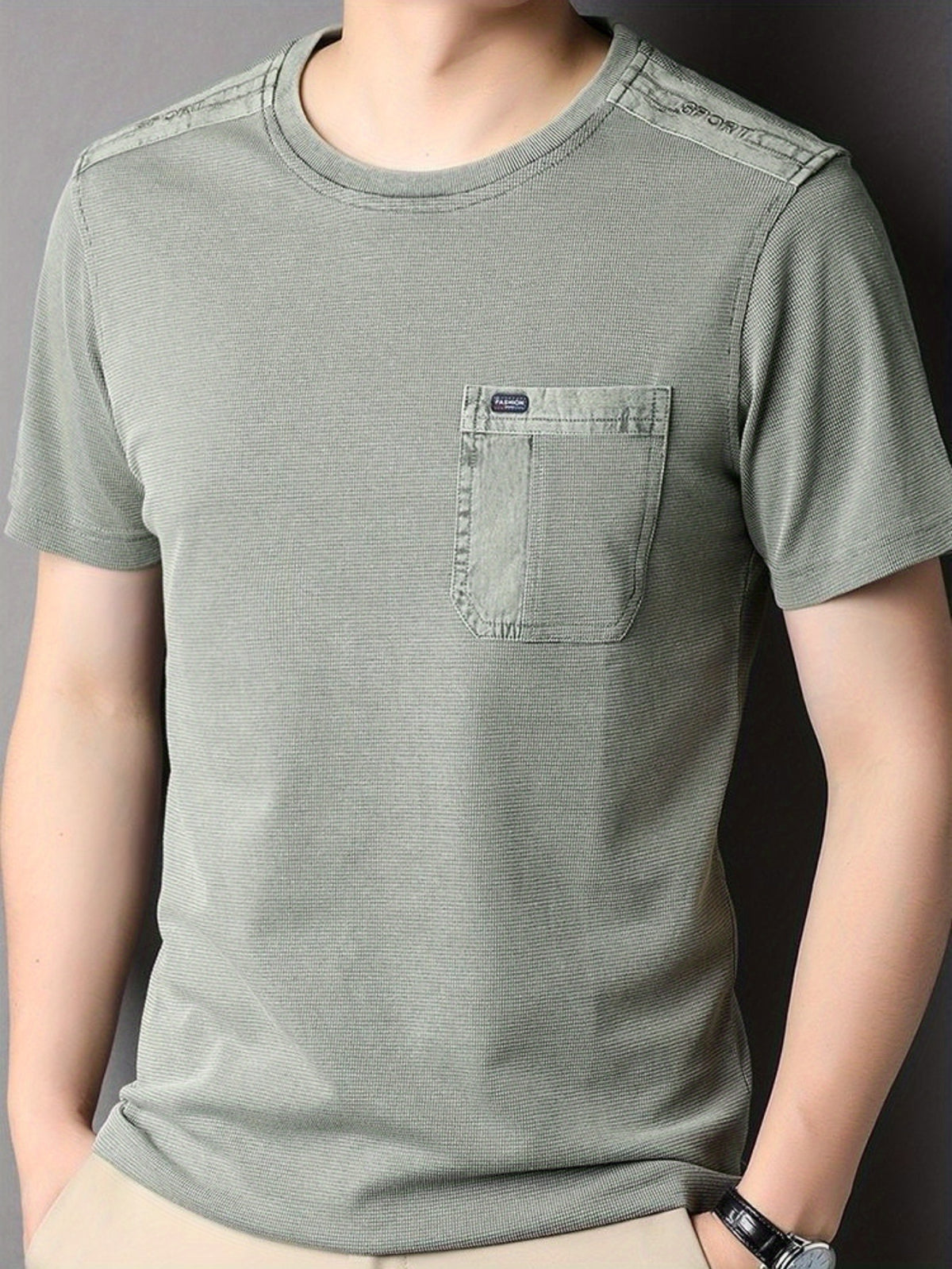 Men's Round Neck Short Sleeve with Shoulder Embroidery, Practical Chest Pocket in Waffle Breathable Fabric and Washed Distressed Finish - Light Green