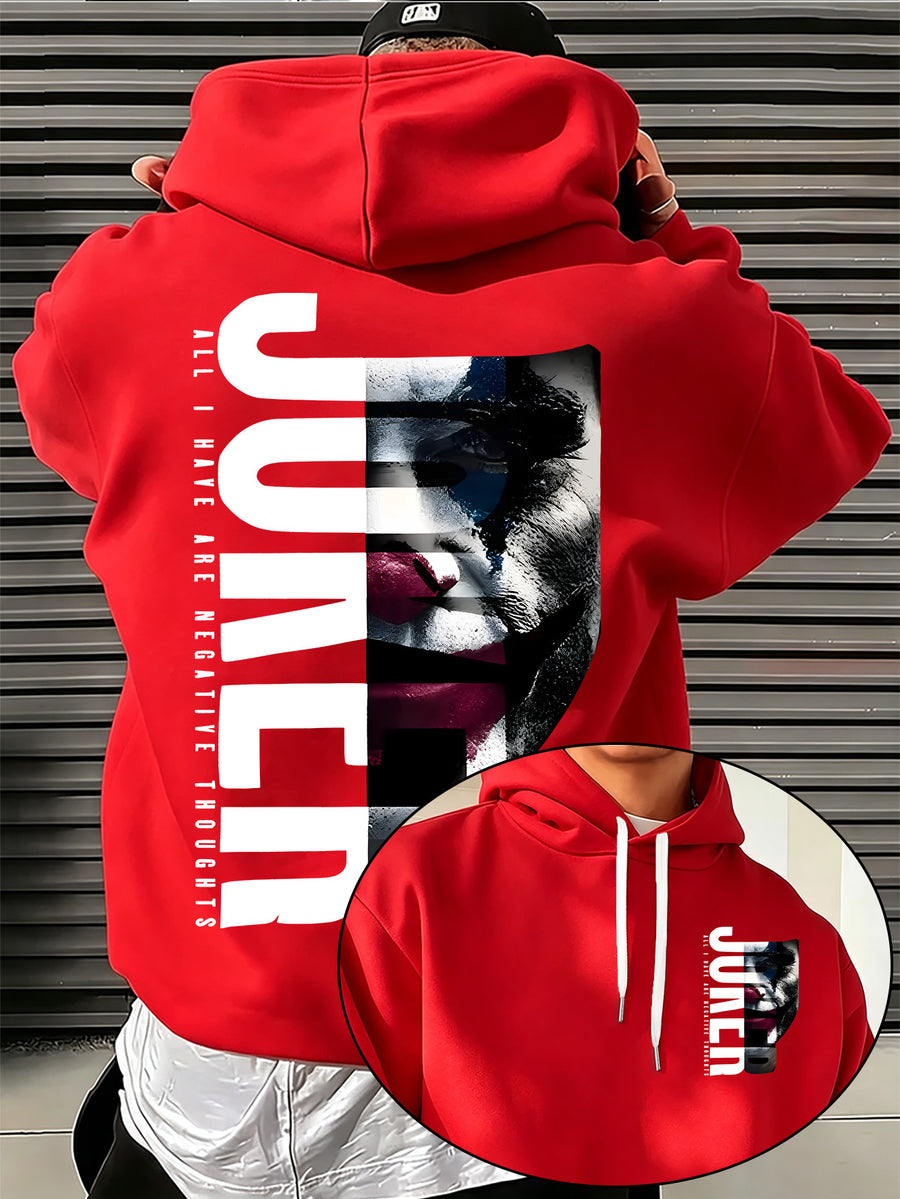 Authorized by Warner Bros., Featuring Dark JOKER Clown Patch Letter Print, Hat Design Pattern, Multi-Functional Street Style Men'S Hooded Sweatshirt, Comfortable Casual, Suitable for Autumn And Winter - Red