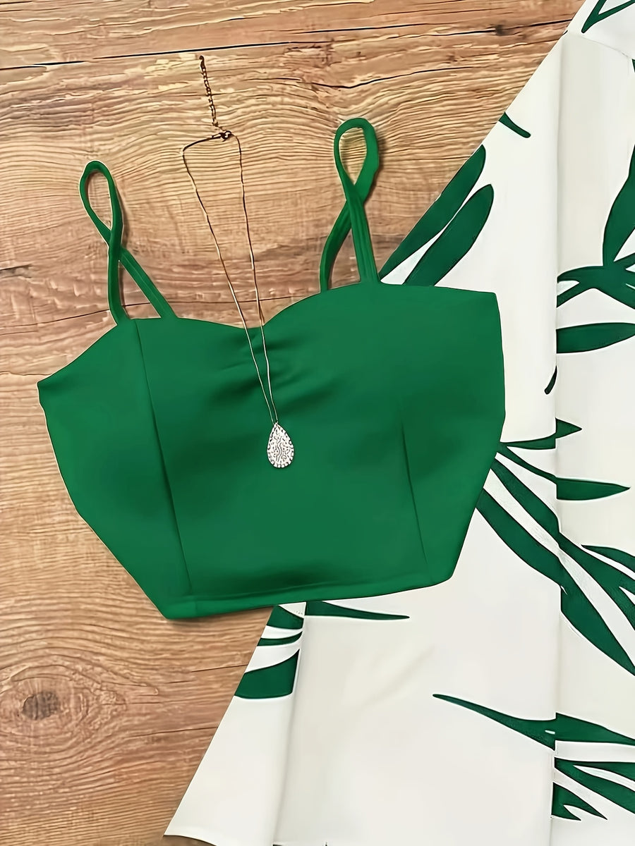 Women'S Spring Autumn Elegant Lace-Up Skirt And Cami Top 2pcs Set - Green
