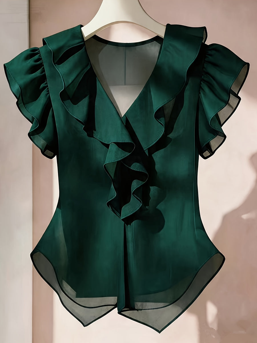 Summer French Solid Ruffled Fly Short Sleeve Shirt Chiffon Top Women'S - Dark Green