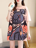 New Summer Collection of Plus-Size Loose-Fitting Stylish Cartoon Print Women'S Mid-Length Short-Sleeve T-Shirts - Pink
