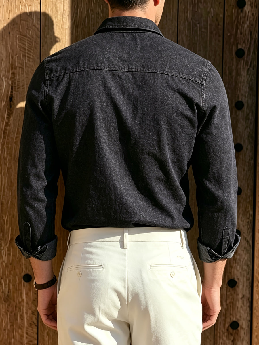 2026 Spring Autumn New Black Light Business Elegant Commuter Casual Denim Style British Italian Button-Up Men'S Suit Long Sleeve Shirt - Black