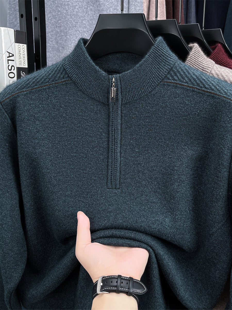 Autumn/Winter Knitted Solid Color Crew Neck Half-Zip Sweater, Basic Knit Pullover, Men's Fashion Long Sleeve Knitwear, QS - Green