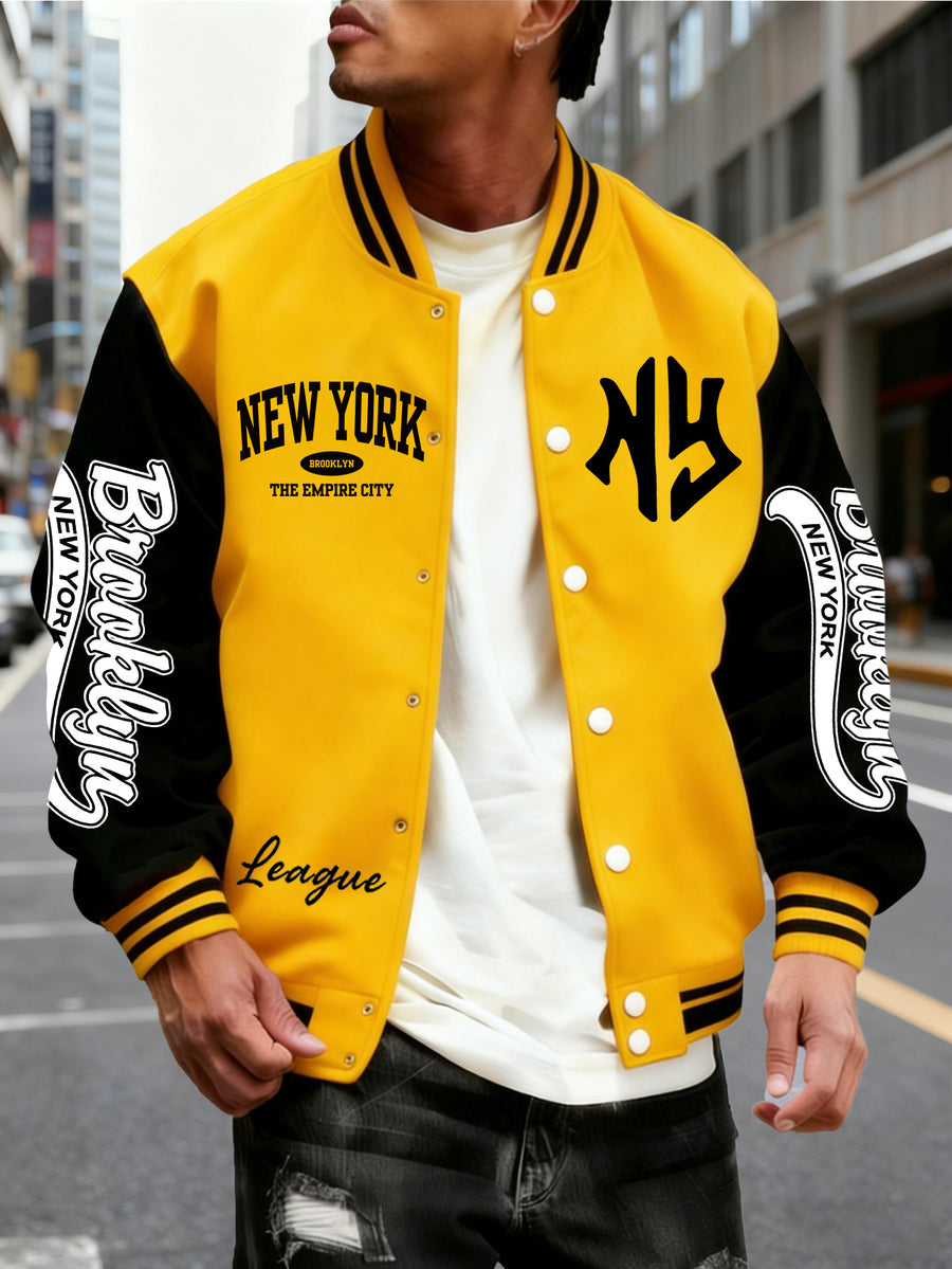 Men's Trendy Baseball Jacket with New York Style NY Letter Graphic Design - Contrast Sleeve Color Block Style - Button Closure with Stretchable Fabric, Versatile and Comfortable Jacket for All Seasons - Suitable for Outdoor Travel, Sports, and Friend - Bright Yellow