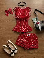 2pcs New Fashion Women's Color-Block Polka Dot Print Sleeveless Top and Shorts Set, Valentine's Day Outfit, Spring/Summer Attire, Date Wear, Beachwear, Summer Vacation Outfit, Casual Women's Clothing, Polka Dot Pattern, Outing Set, Afternoon Tea - Red