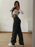 Designer Cargo Pants with Flap Pockets, Women's Elegant Casual Solid-color Trousers, Women's Pants - Black