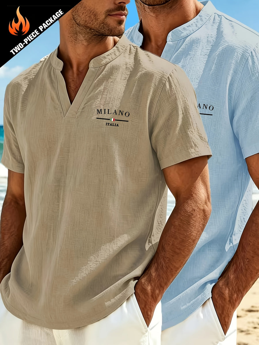 2pcs Men's Linen Outdoor Short Sleeve Vintage Linen Casual Fashion Loose Fit Breathable Comfortable V-Neck Shirt, Suitable for Daily Leisure, Outings, Travel, and Beach - Khaki+Sky Blue