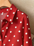 Women'S Y2K Retro Casual Loose Long Sleeve Button-Up Polka Dot Printed Lapel Shirt, Elegant Vintage Casual Style Suitable for Outdoor Leisure Walking Shopping Wear ZD260604061 - Red
