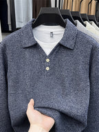 New Autumn/Winter Men's Pullover, Faux 2pcs Long Sleeve Lapel Knit Sweater, Geometric Pattern Men's Button-Up Sweater, Business Casual Fashion Versatile Solid Color Men's Top, Suitable for Daily Outings in Spring and Autumn, Men's Gift, First Choice - Navy Color