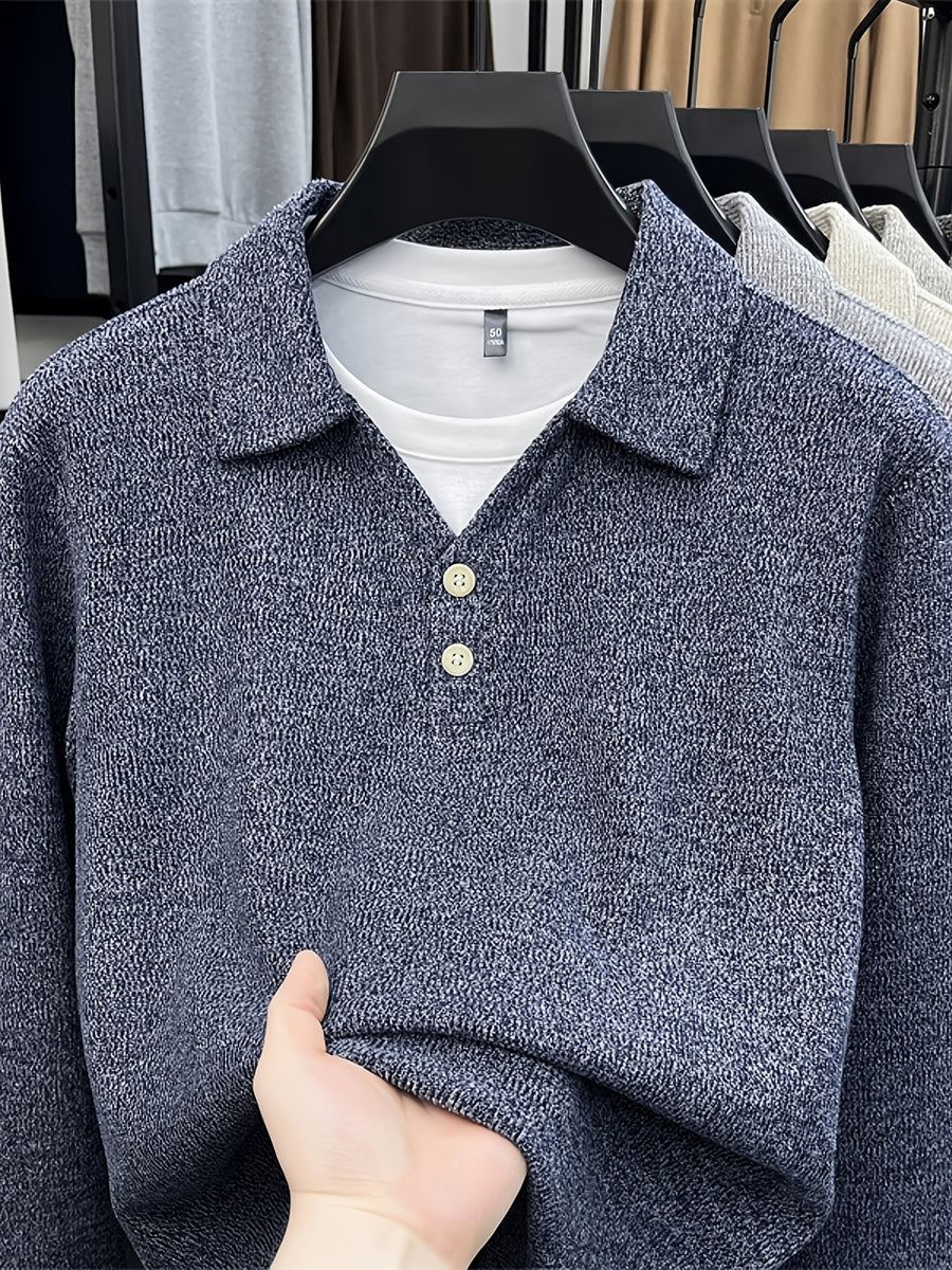 New Autumn/Winter Men's Pullover, Faux 2pcs Long Sleeve Lapel Knit Sweater, Geometric Pattern Men's Button-Up Sweater, Business Casual Fashion Versatile Solid Color Men's Top, Suitable for Daily Outings in Spring and Autumn, Men's Gift, First Choice - Navy Color