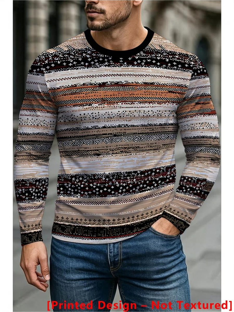 Print Design - Not Textured New Men'S Long Sleeve T-Shirt, Retro Ethnic Style Horizontal Stripe Print Literary Temperament Suitable for Daily Casual Outings - Mixed colors