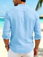Men'S New Fashion Stand-Up Collar Long Sleeve Shirt, Lightweight Linen-Like Comfortable Fabric, Laborer Print Pattern, Suitable for Daily Commute Outdoor, Beach Vacation And Multi-Scene Wear Casual Shirt, Regular Fit Non-Picky Body Shape - Light Blue