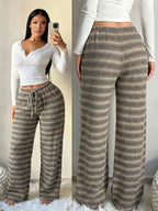 Women'S Casual Striped Textured Elastic Drawstring Waist Pocket Wide-Leg Pants - Khaki