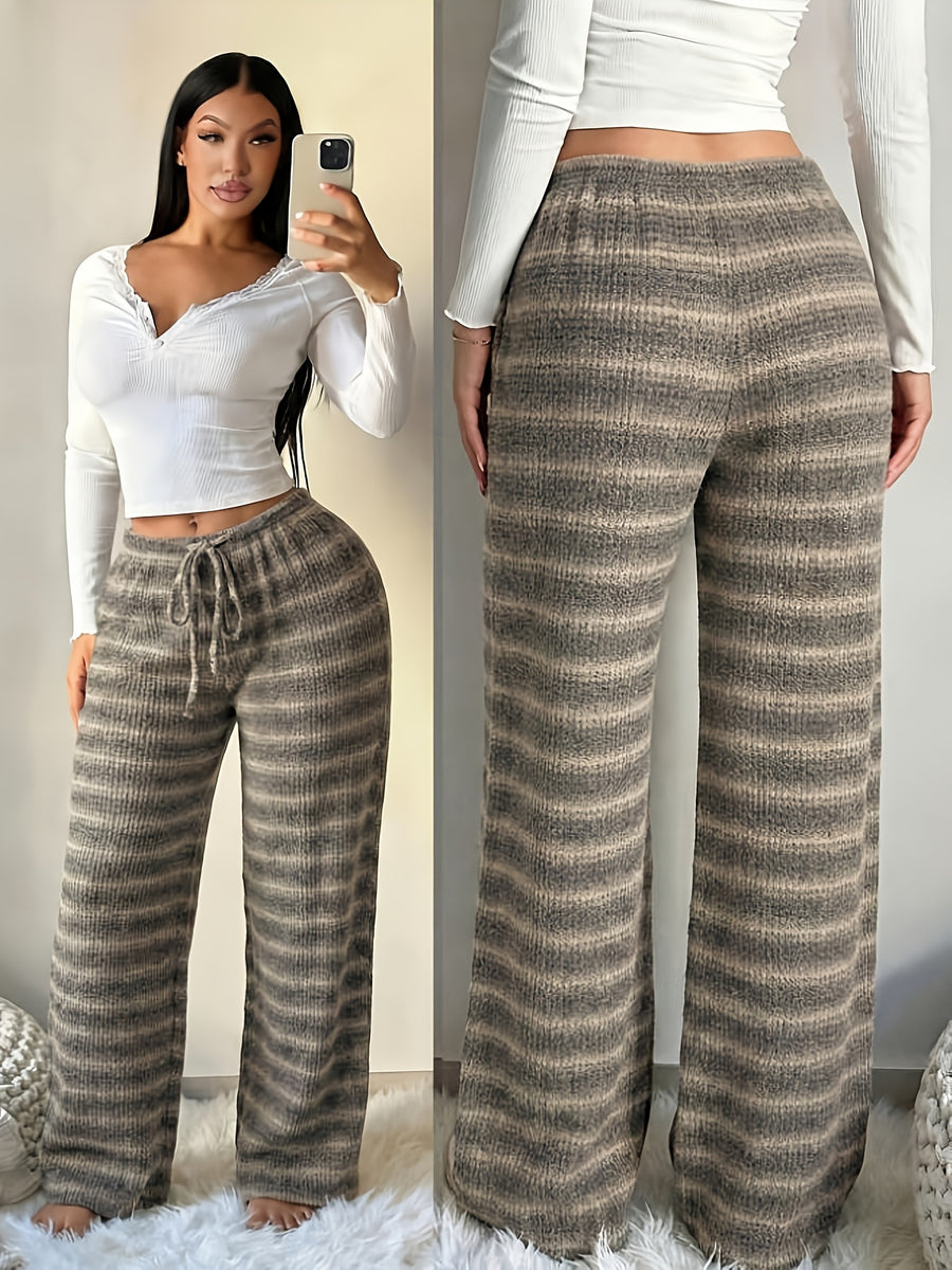 Women'S Casual Striped Textured Elastic Drawstring Waist Pocket Wide-Leg Pants - Khaki