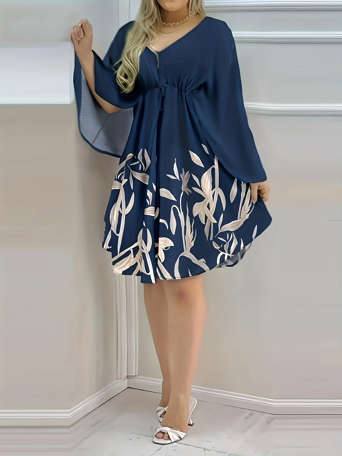 Spring And Summer New Women'S Hot Style Floral Print Tie-Up Vacation Casual Elegant Stylish V-Neck Dress - Navy Color