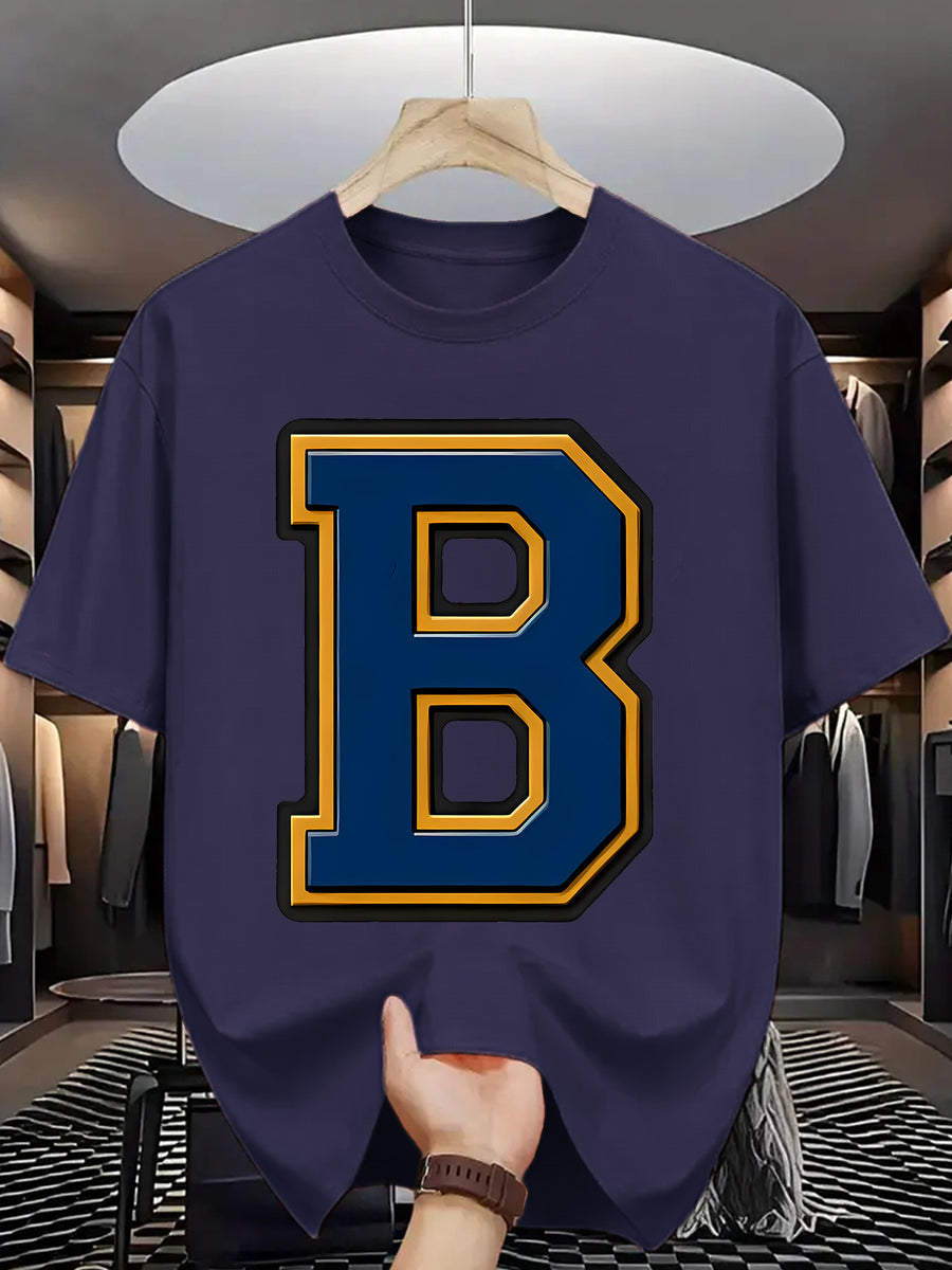 Men'S Summer Casual T-Shirt with Bold "B" Letter Print - Lightweight Polyester, Round Neck, Short Sleeve, Regular Fit, Perfect for Casual Attire, Everyday Tshirt | Trendy Casualwear | Durable Fabric - Navy Color