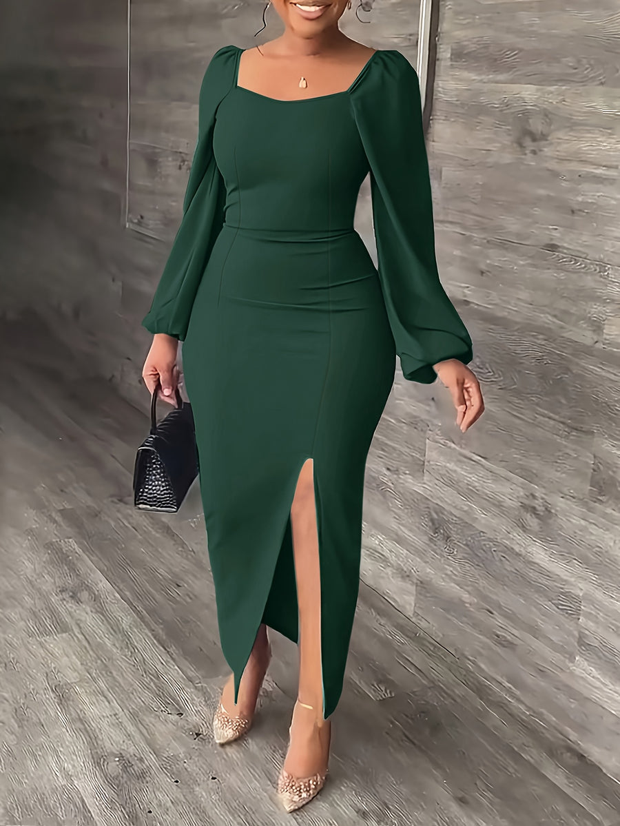 New European and American Style Fashion Slimming Split Long Sleeve Dress Trend - Dark Green