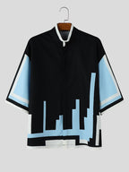 Men Casual Tops Funny Print Stand Collar Short Sleeve Loose Thin Outdoor Street Summer Vacation Hippy Shirt - Blue
