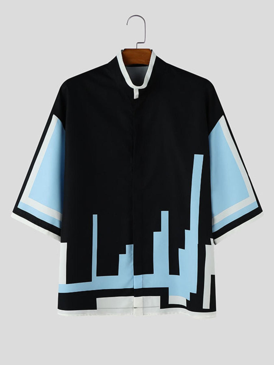Men Casual Tops Funny Print Stand Collar Short Sleeve Loose Thin Outdoor Street Summer Vacation Hippy Shirt - Blue