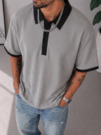[Villa Le Water OBM] Men'S Heavyweight Patchwork Button-Up Collar American POLO Retro Short Sleeve - Dark Gray