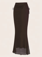 Women's Drawstring Mesh Midi Skirt - Coffee Brown