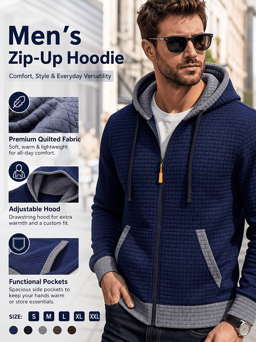 Autumn/Winter Men's Thickened Jacquard Long-Sleeve Open Cardigan Jacket, Hooded Fashionable Checkered Jacquard Textured Fabric, Comfortable Outerwear Suitable for Daily Outings, Outdoor Sports, Travel, and Vacations. Lightweight and Comfortable - Navy Color