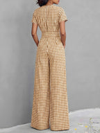 2026 Spring Summer New Plaid V-Neck Short Sleeve Jumpsuit Women'S High-Waist Wide-Leg Straight Long Pants, Women'S Commute Casual Two-Wear Jumpsuit, High-Waist Waist-Cinching Design with Flowing Wide-Leg Trousers - Light Brown-1