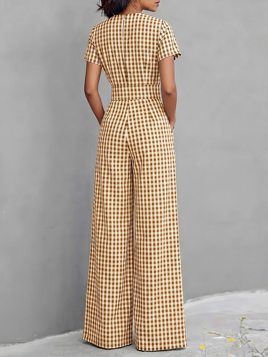 2026 Spring Summer New Plaid V-Neck Short Sleeve Jumpsuit Women'S High-Waist Wide-Leg Straight Long Pants, Women'S Commute Casual Two-Wear Jumpsuit, High-Waist Waist-Cinching Design with Flowing Wide-Leg Trousers - Light Brown-1
